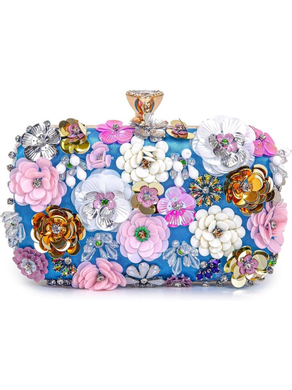 Women's Blue Floral Beaded Chain Strap Party Prom Clutch Purse Evening Bag
